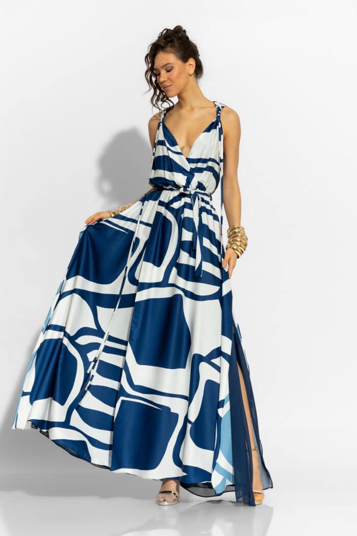 C-THROU Maxi Satin Print Wrap Dress in Blue 2606026wb