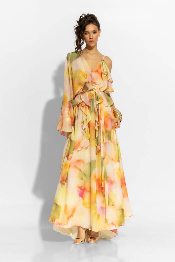 C-THROU One Shoulder Maxi Ruffled Chiffon Dress 2606030
