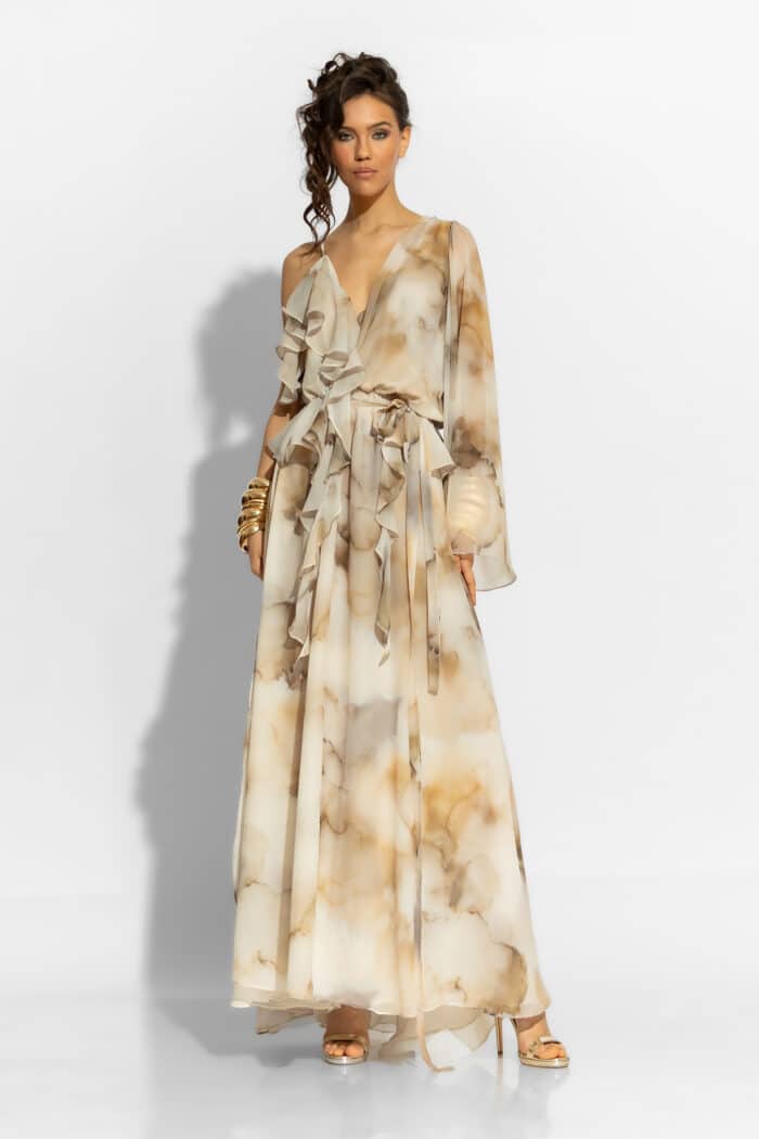 C-THROU One Shoulder Maxi Ruffled Chiffon Dress 2606030