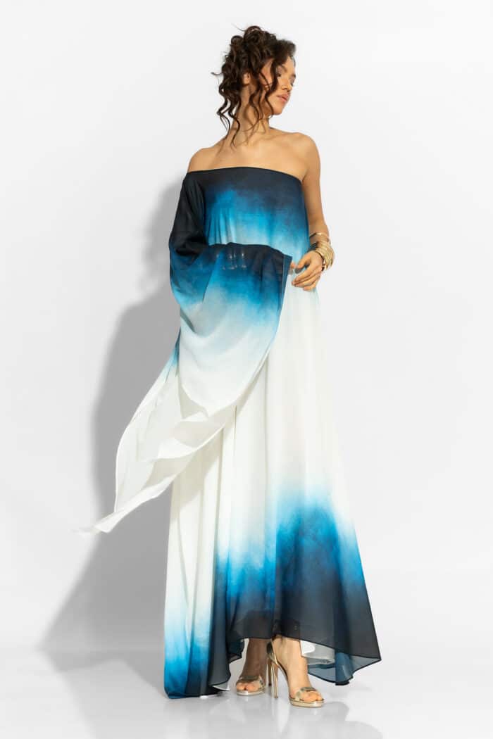 C-THROU One Shoulder Maxi Chiffon Print Dress in Blue 2606033wbl