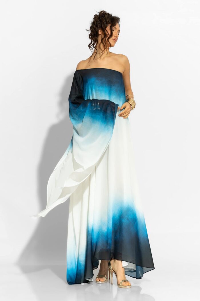 C-THROU One Shoulder Maxi Chiffon Print Dress in Blue 2606033wbl