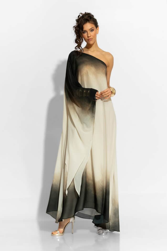 C-THROU One Shoulder Maxi Chiffon Print Dress in Beige 2606033