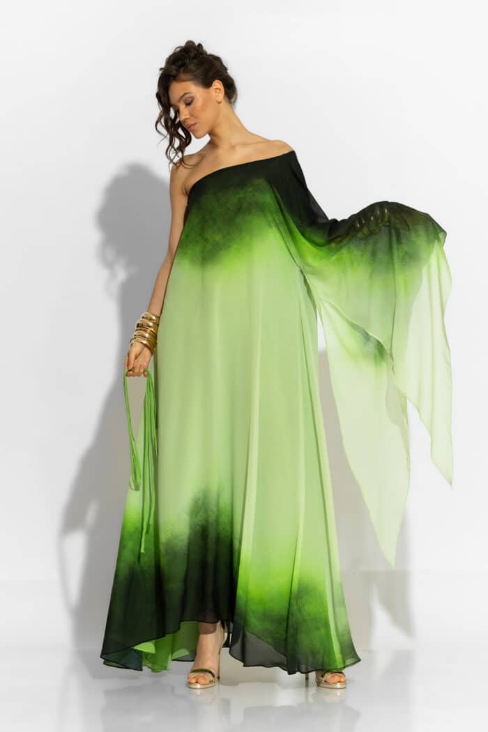 C-THROU One Shoulder Maxi Chiffon Print Dress in Lime 2606033wl
