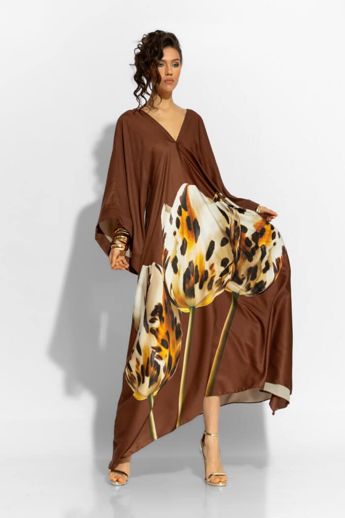 C-THROU Loose Maxi Satin Print Dress in Brown 2606039