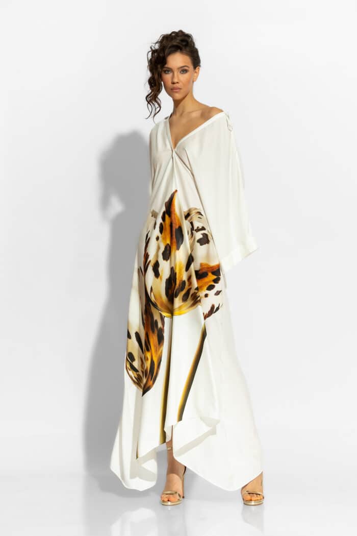 C-THROU Loose Maxi Satin Print Dress in White 2606039ww