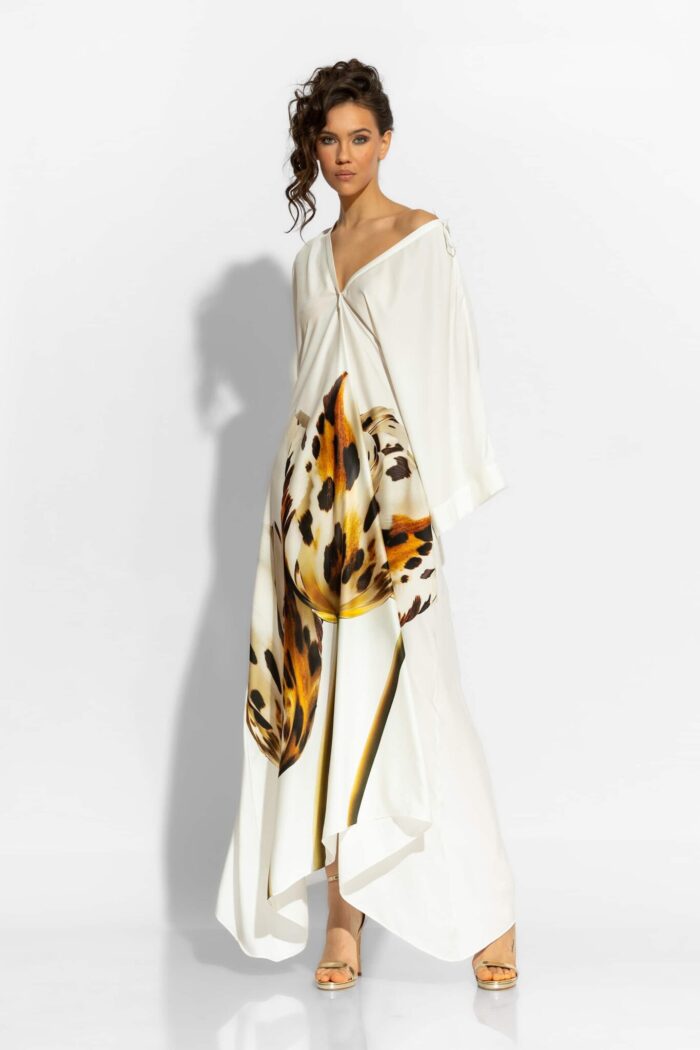 C-THROU Loose Maxi Satin Print Dress in White 2606039ww