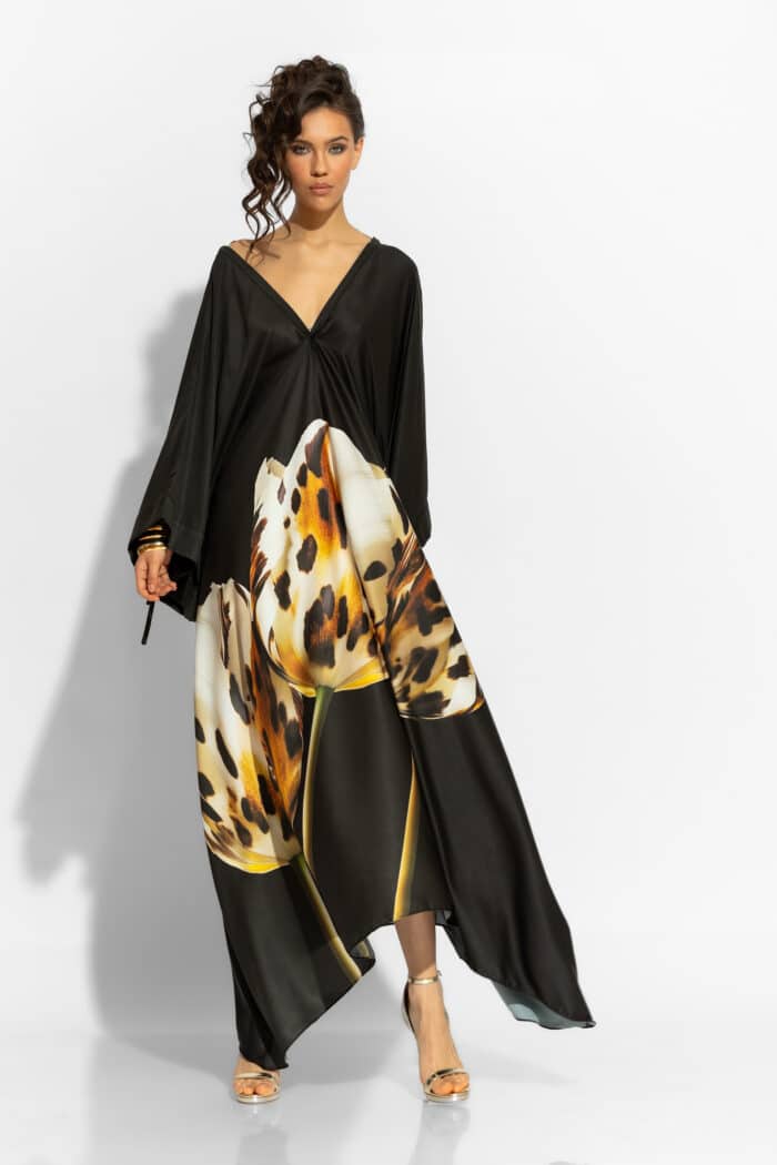C-THROU Loose Maxi Satin Print Dress in Black 2606039wb