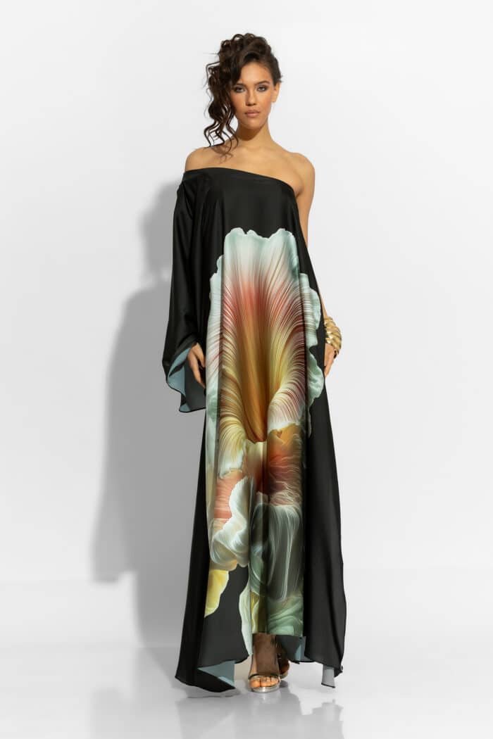 C-THROU One Shoulder Maxi Satin Print Dress in Black 2606041wb