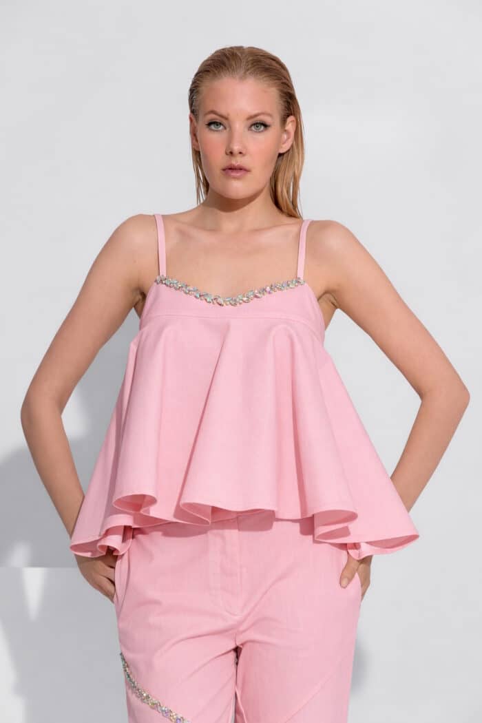 Pink Crystal-embellished peplum camisole top