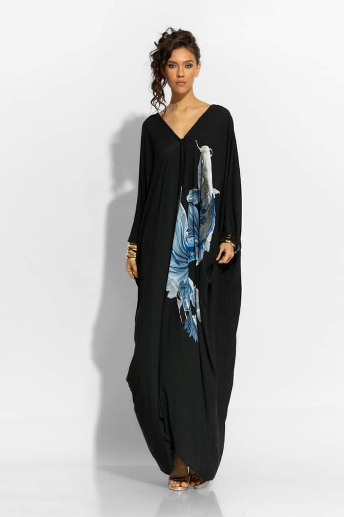 C-THROU Fish Print Crepe Georgette Kaftan Dress in Black 2609020