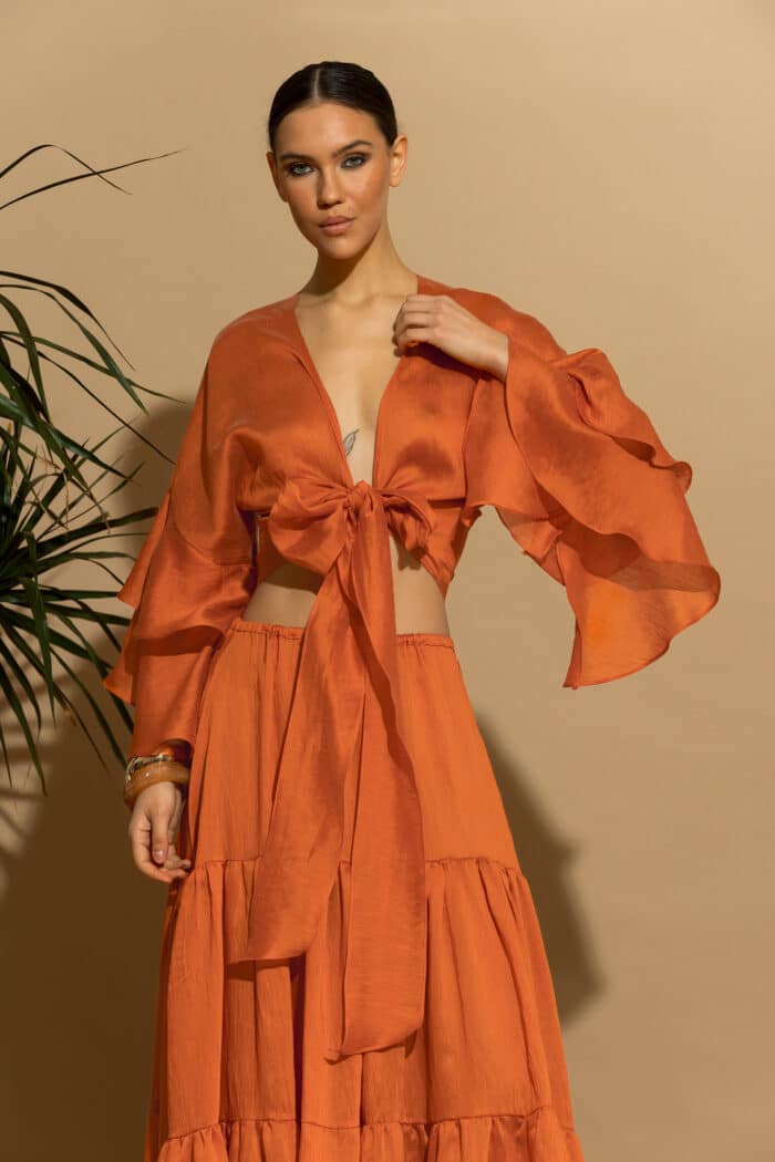 C-THROU Crop Ruffled Tencel Tie-front Shirt 2632002