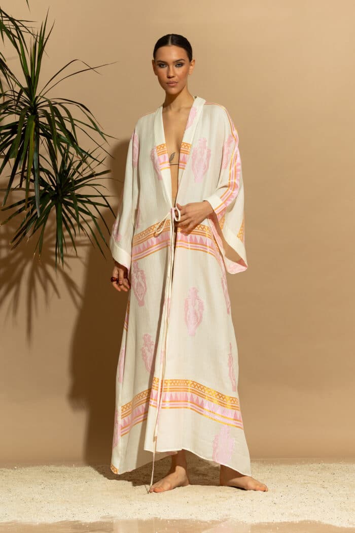 C-THROU Exclusive Jacquard Linen Maxi Kimono Dress in Pink 2639002