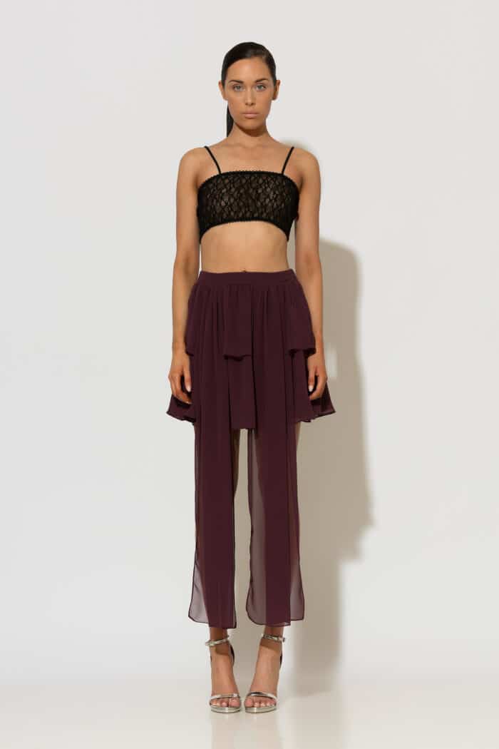 C-THROU Burgundy Asymmetrical Chiffon Ruffle Skirt