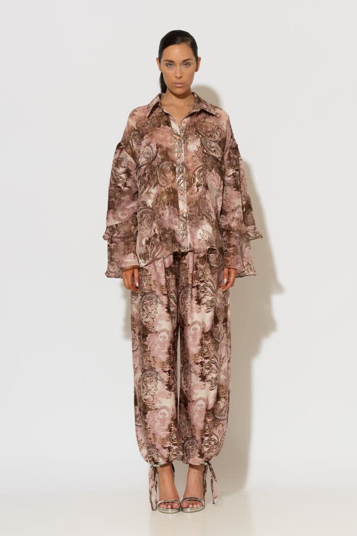 Printed Chiffon Double‑Ruffled Sleeve Shirt