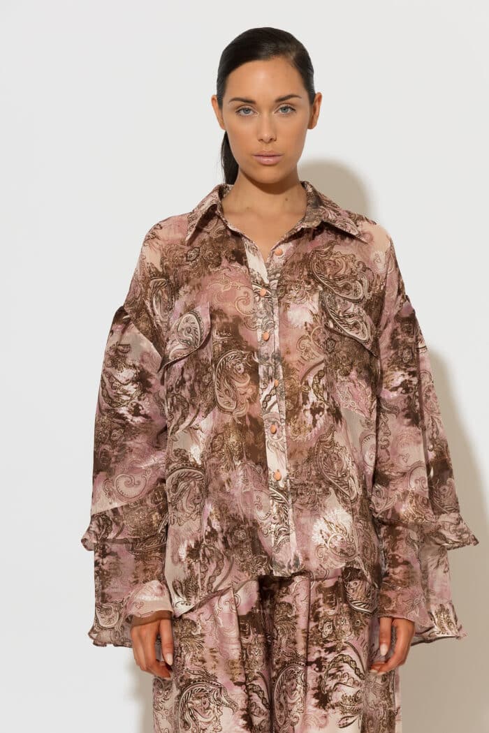 Printed Chiffon Double‑Ruffled Sleeve Shirt