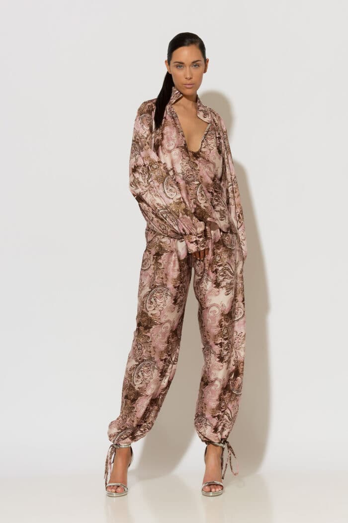 C-THROU Patterned Satin Tie Cuff Harem Pants