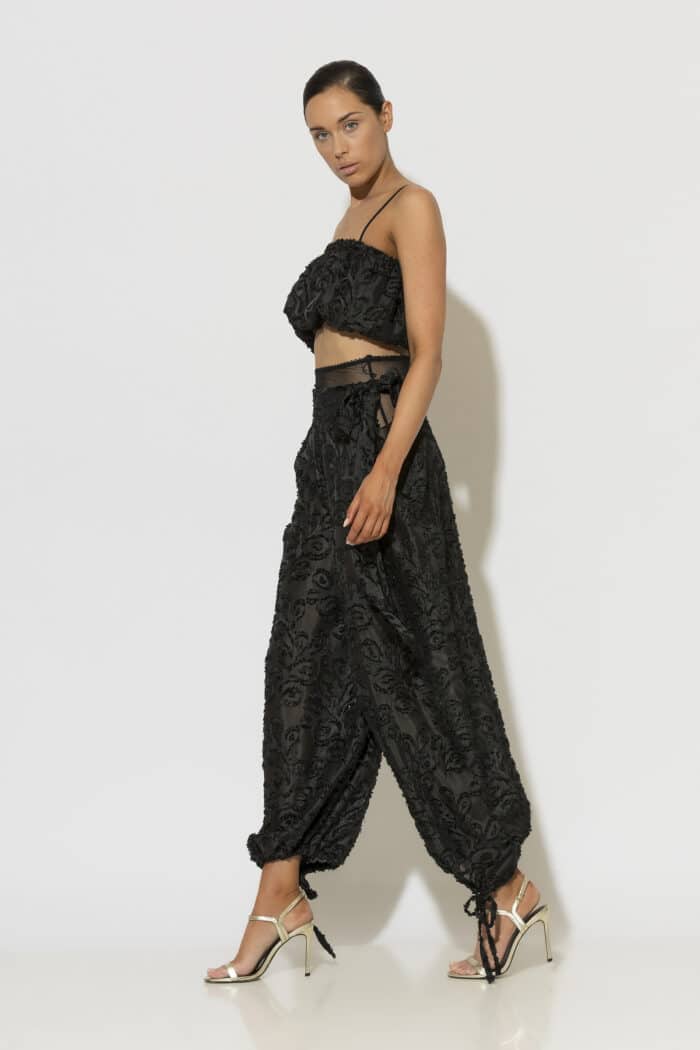 C-THROU Black Devore Georgette Side Tie Harem Pants