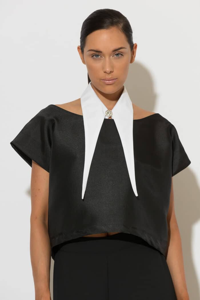 C-THROU Black Detachable Collar Taffeta Top