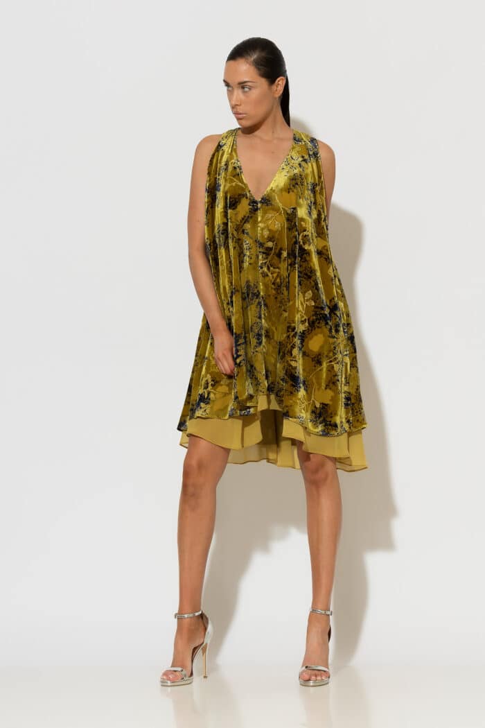 C-THROU Yellow Velvet Devoré Layered Mini Dress