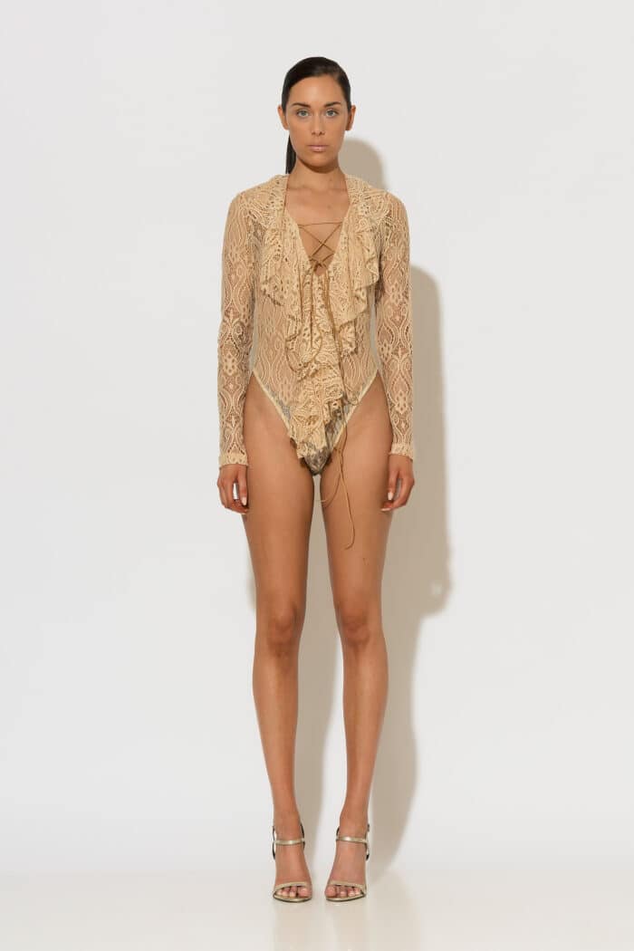 Lace Long Sleeve Bodysuit in Beige