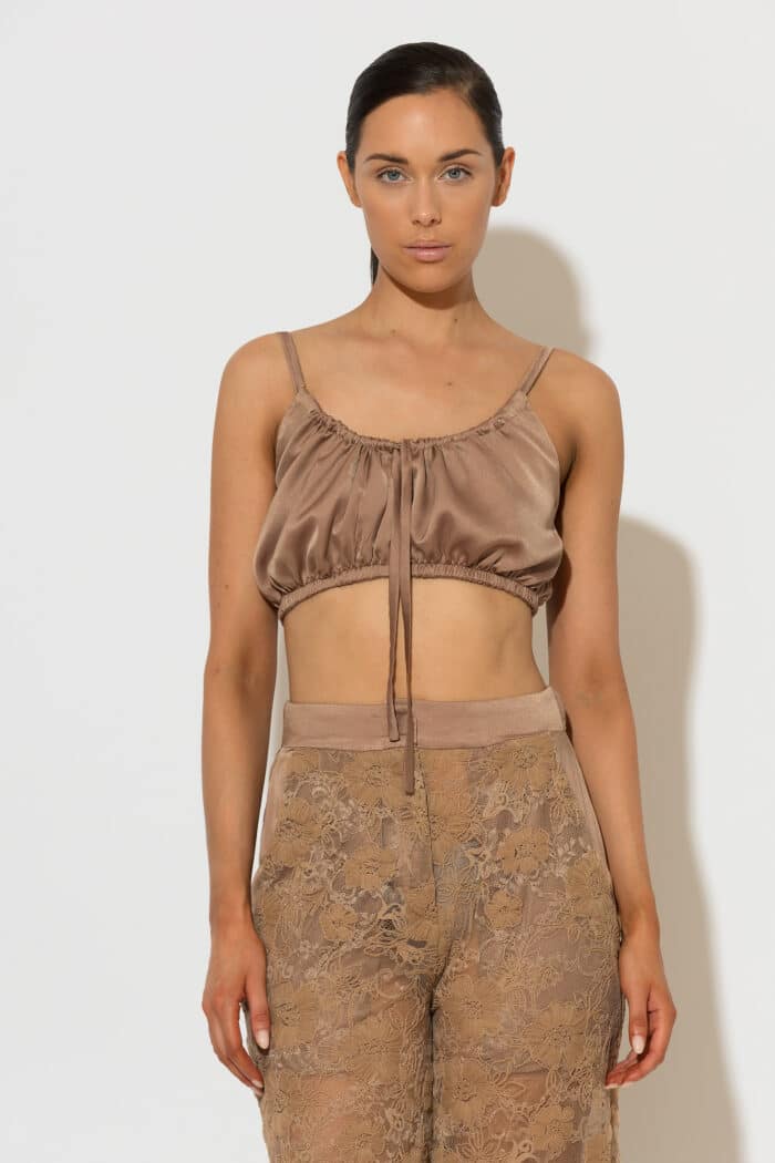 Beige Spaghetti Strap Satin Crop Top