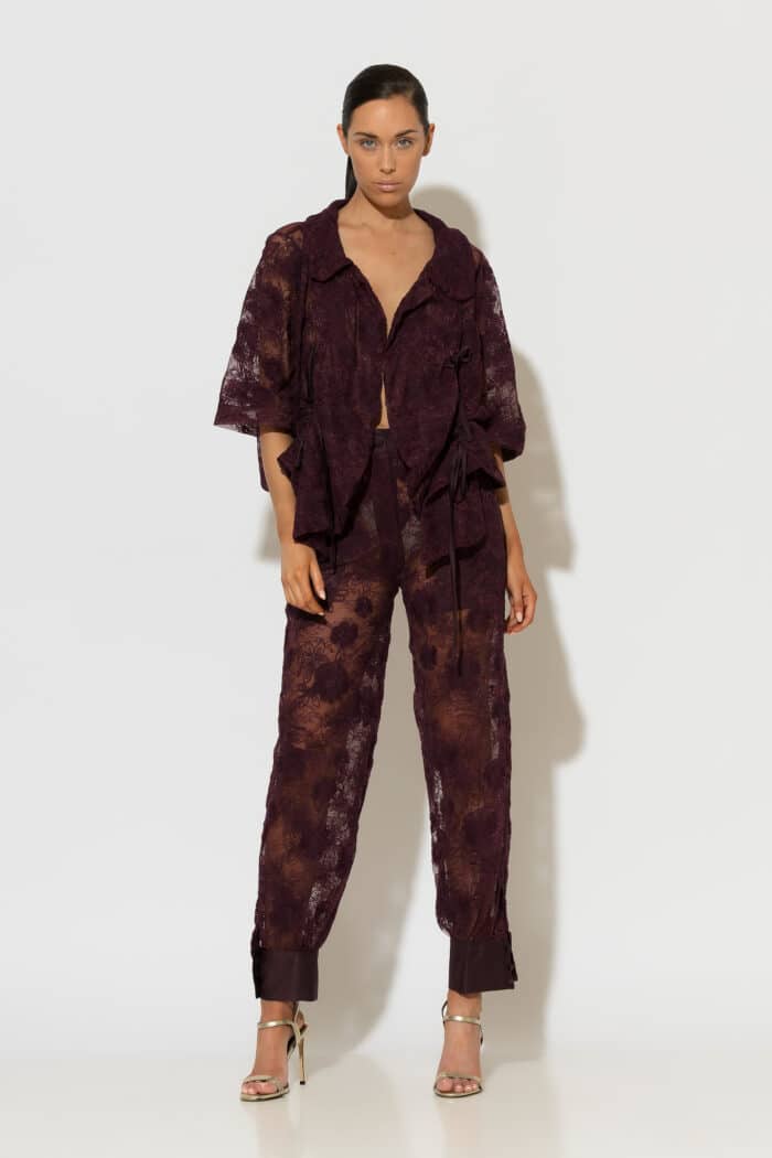C-THROU Tapered Sheer bordeaux Lace Pants