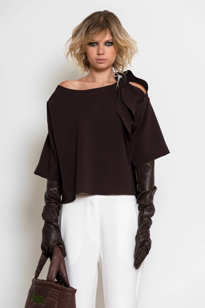 Brown Crepe Top with Cut-Out Shoulder & Bow Detail