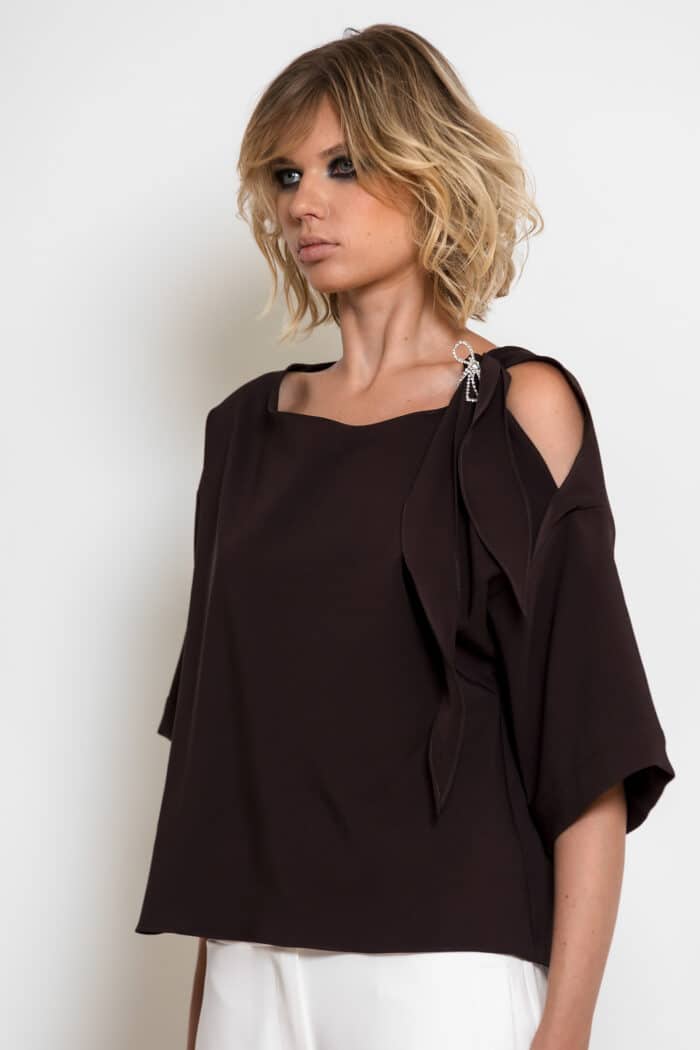 Brown Crepe Top with Cut-Out Shoulder & Bow Detail