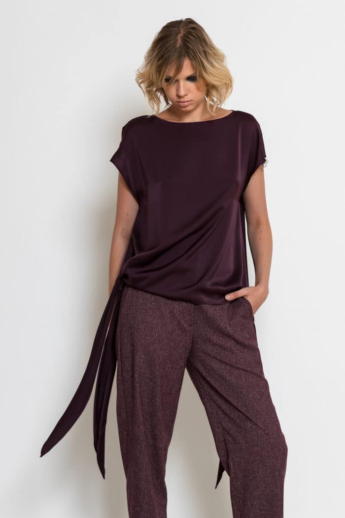 Brown Satin Side-Tie Top with Pearl Embellishment