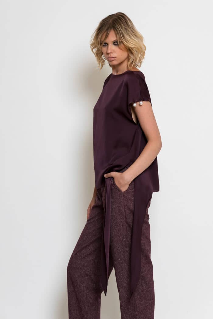 Brown Satin Side-Tie Top with Pearl Embellishment
