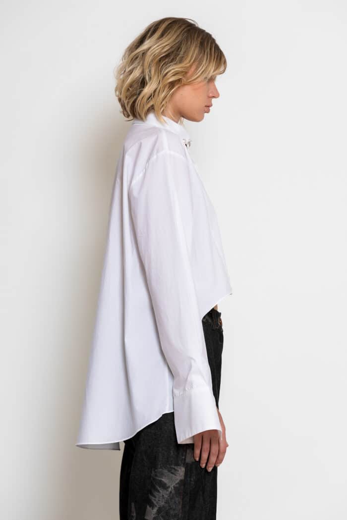 White Asymmetric Cotton Shirt with Embellished Collar
