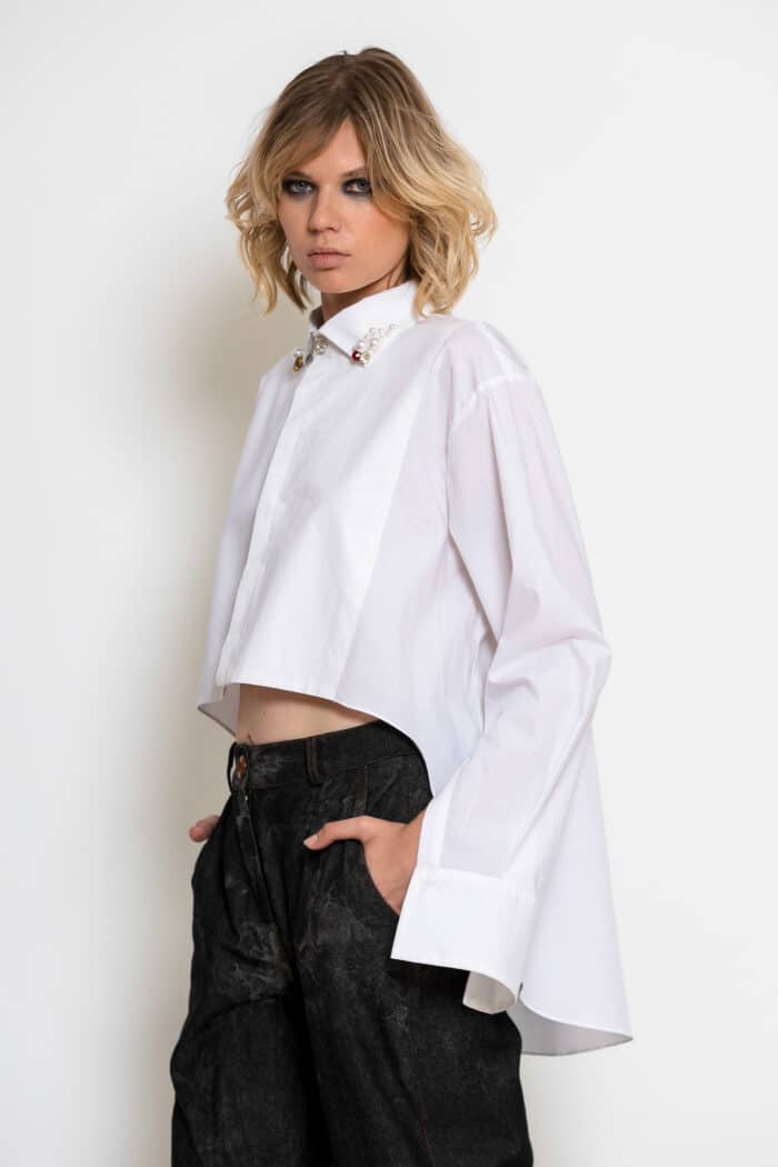 White Asymmetric Cotton Shirt with Embellished Collar