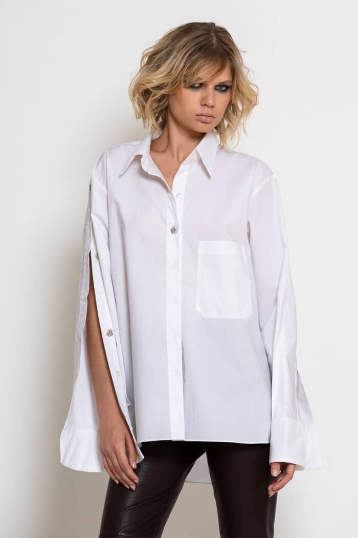 White Cotton Poplin Shirt with Strass Buttons