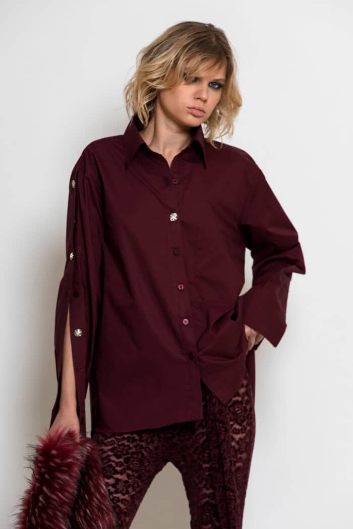 Bordeaux Cotton Shirt with Strass Buttons