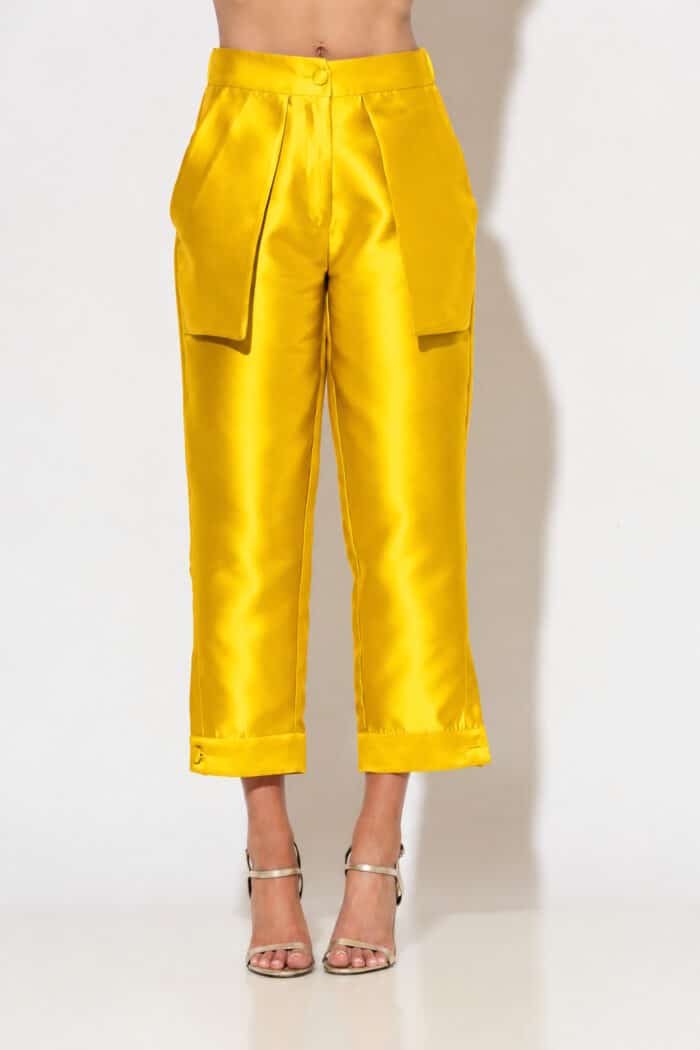 Yellow Satin Taffeta Tapered Trousers with Buttoned Hems