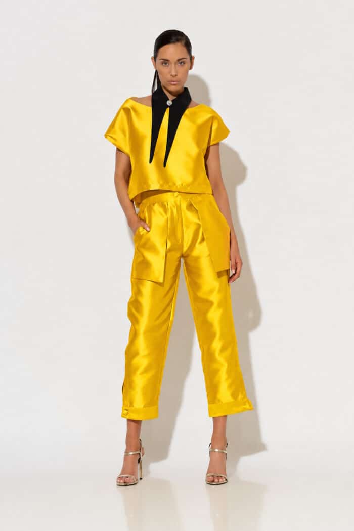 Yellow Satin Taffeta Tapered Trousers with Buttoned Hems