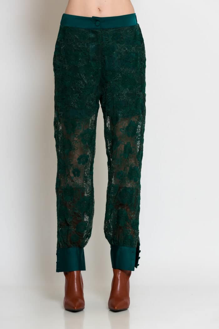 Green Tapered Sheer Lace Pants