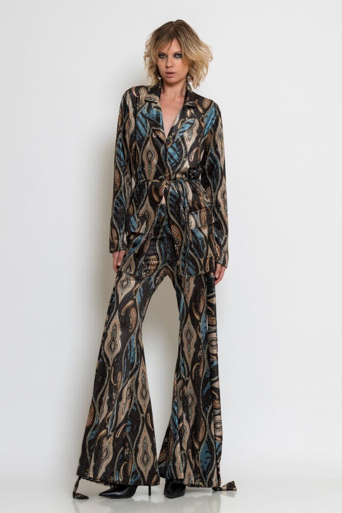 Multicolour Metallic Velvet Flared Pants with Abstract Pattern