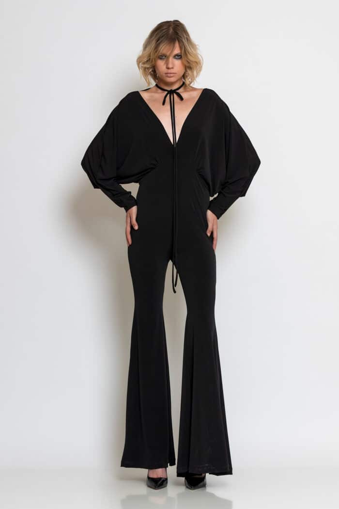 Black Super Jersey Flared Jumpsuit