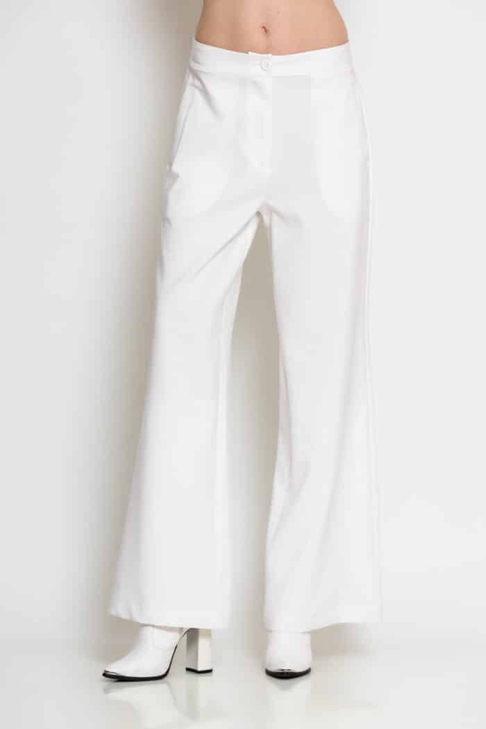 White wide-leg crepe trousers with front flap pockets, elasticated back waistband and back patch pockets.