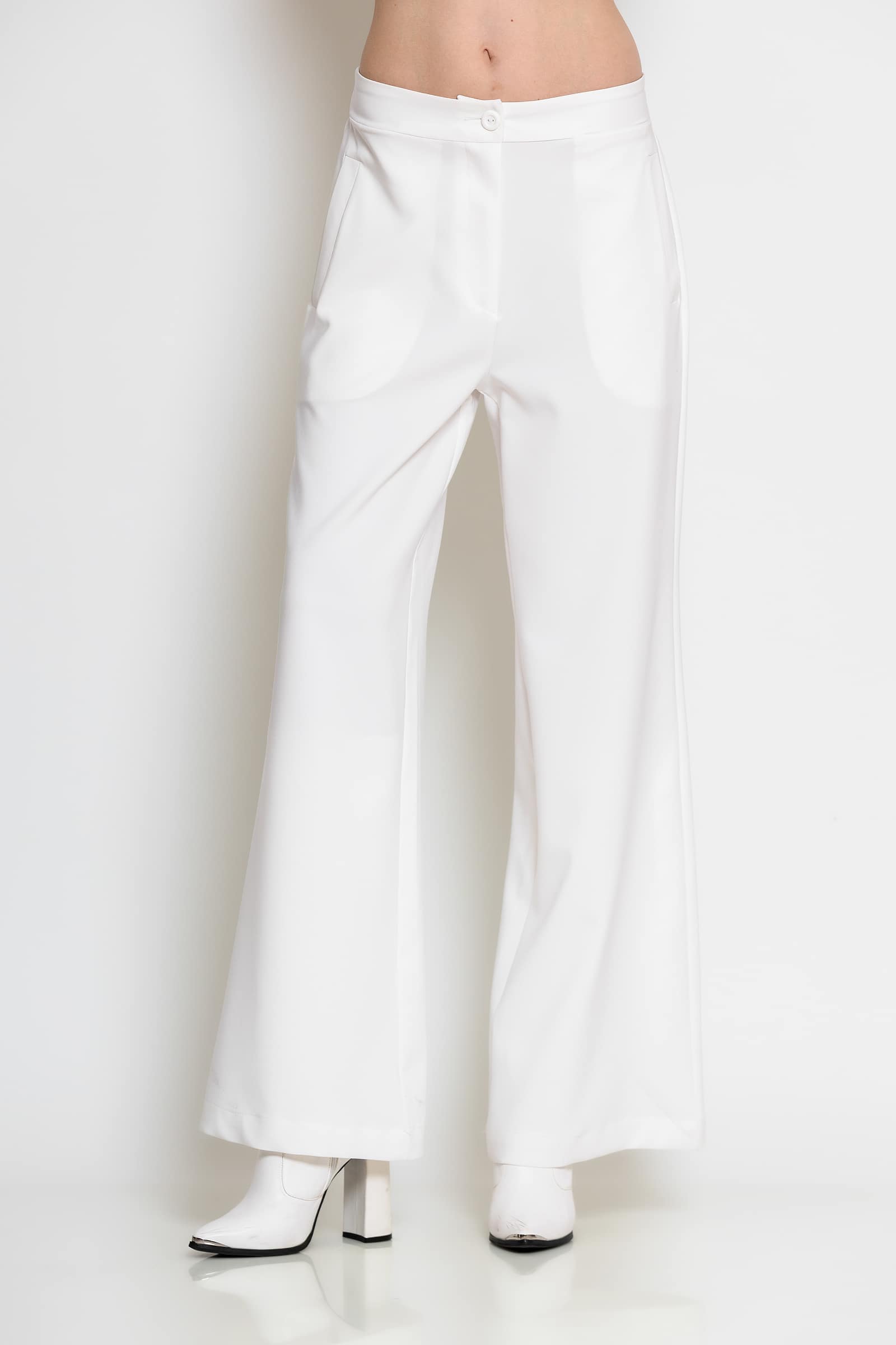 c-throu-2603056-off-white-wide-leg-pants-1 White wide-leg crepe trousers with front flap pockets, elasticated back waistband and back patch pockets.