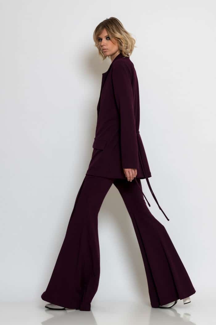 Bordeaux Crepe Flared Pants with Elastic Waist and Tie Detail