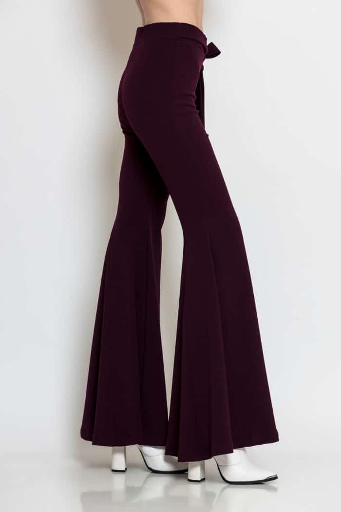 Bordeaux Crepe Flared Pants with Elastic Waist and Tie Detail