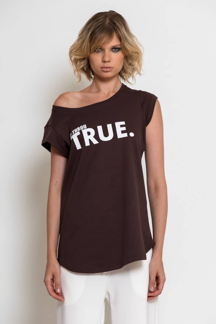 Brown Cotton T-Shirt with TRUE Logo Print