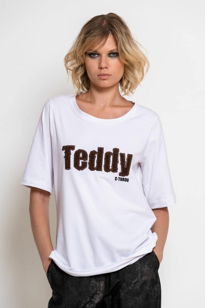 White Cotton T-Shirt with Teddy Appliqué and Embroidered Logo