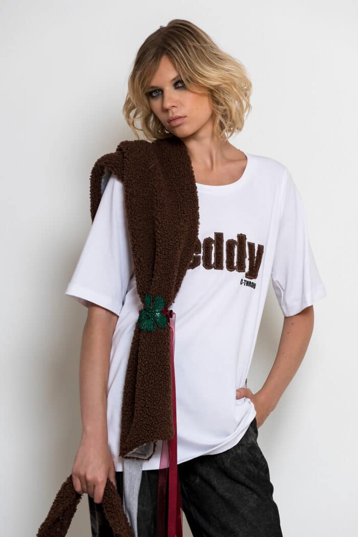 White Cotton T-Shirt with Teddy Appliqué and Embroidered Logo
