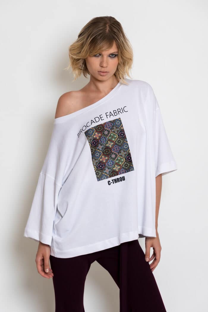 White Oversized Wide-Neck T-Shirt with Brocade Print