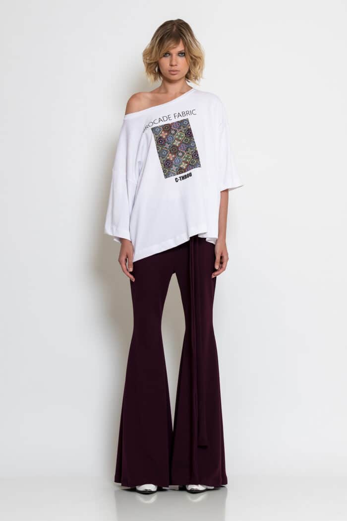 White Oversized Wide-Neck T-Shirt with Brocade Print