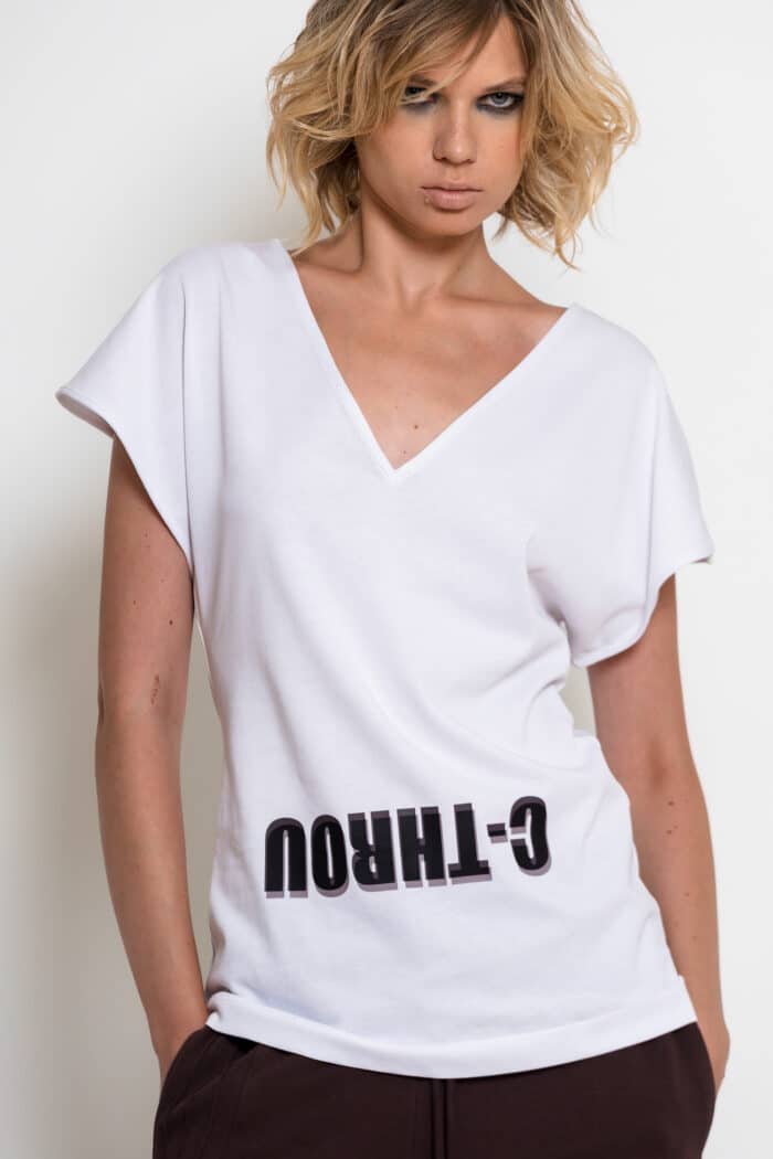 White V-Neck T-Shirt with C-THROU Logo