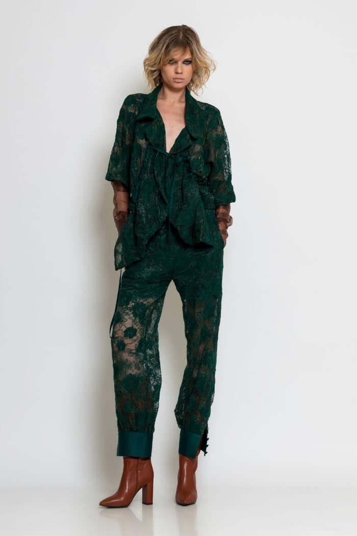 Green Floral Lace Bolero with Draped Front, Paired with Green Sheer Lace Tapered Pants.